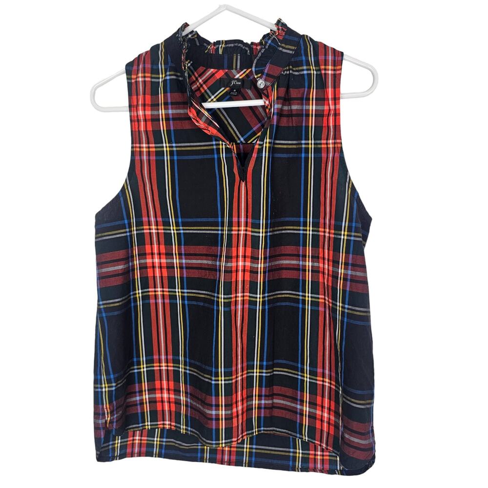 J. Crew Womens Stewart Tartan Plaid Shirt Ruffle Neck Sz 6 Preppy Dark Academia
